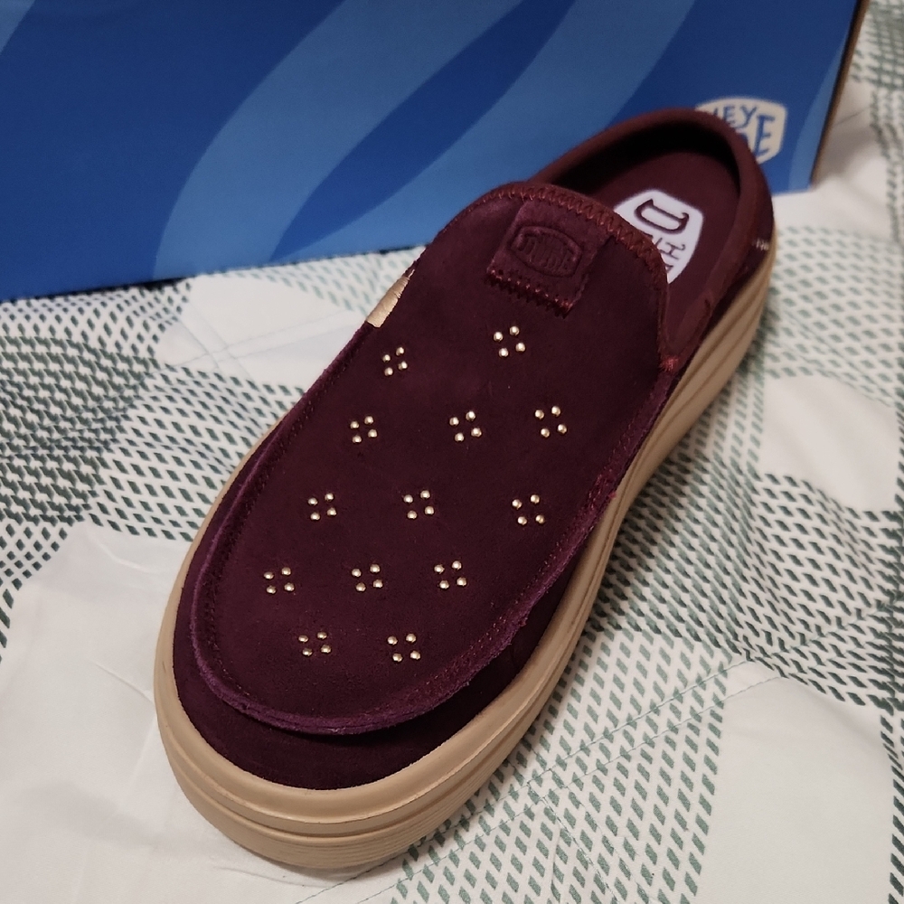Hey Dude Women's Burgundy Suede Loafer with Tan Sole